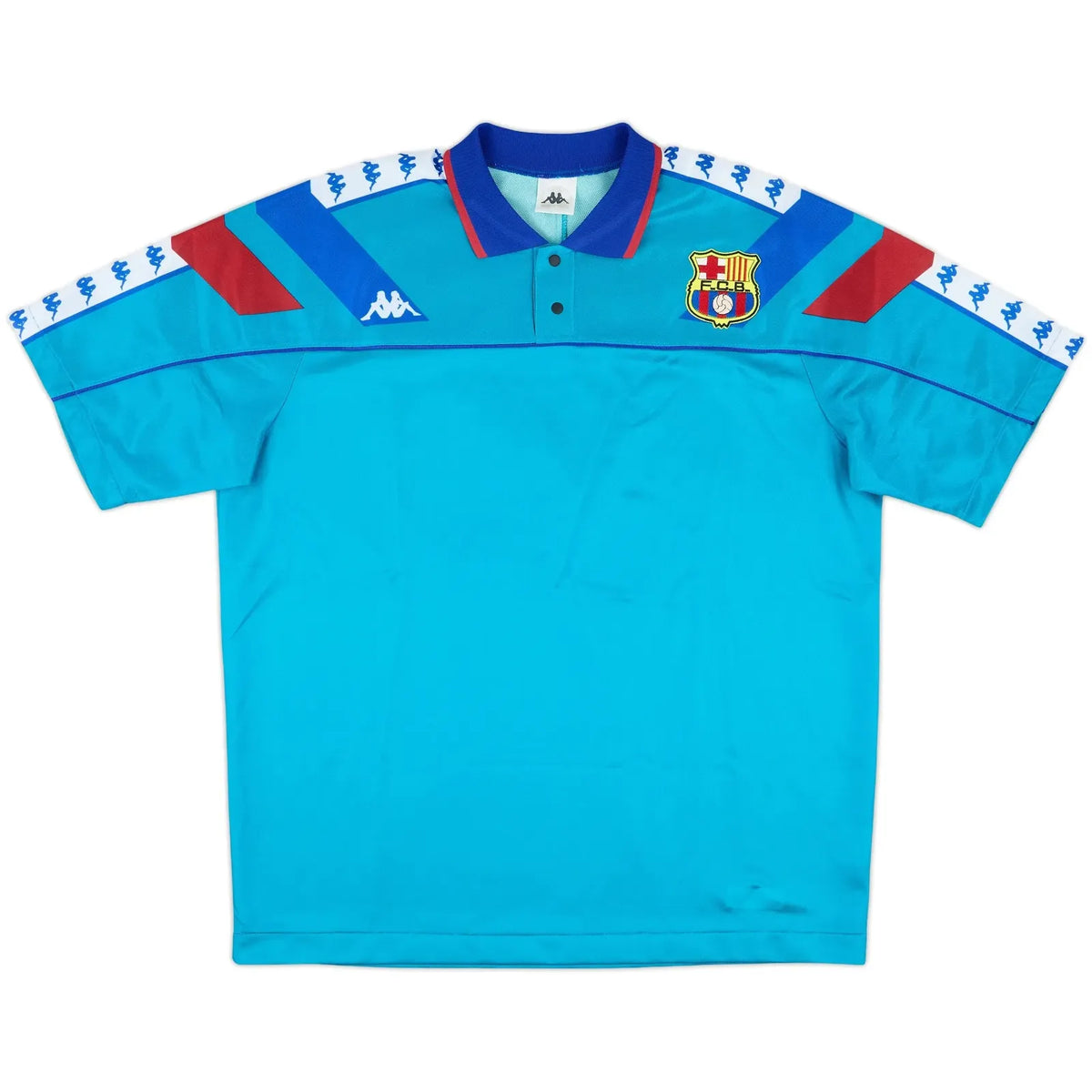 1992-95 barcelona away vintage shirt front view teal geometric dream team design