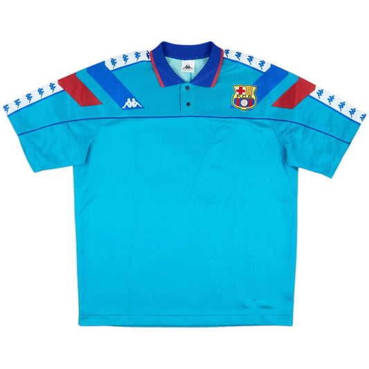 1992-95 barcelona away vintage shirt front view teal geometric dream team design