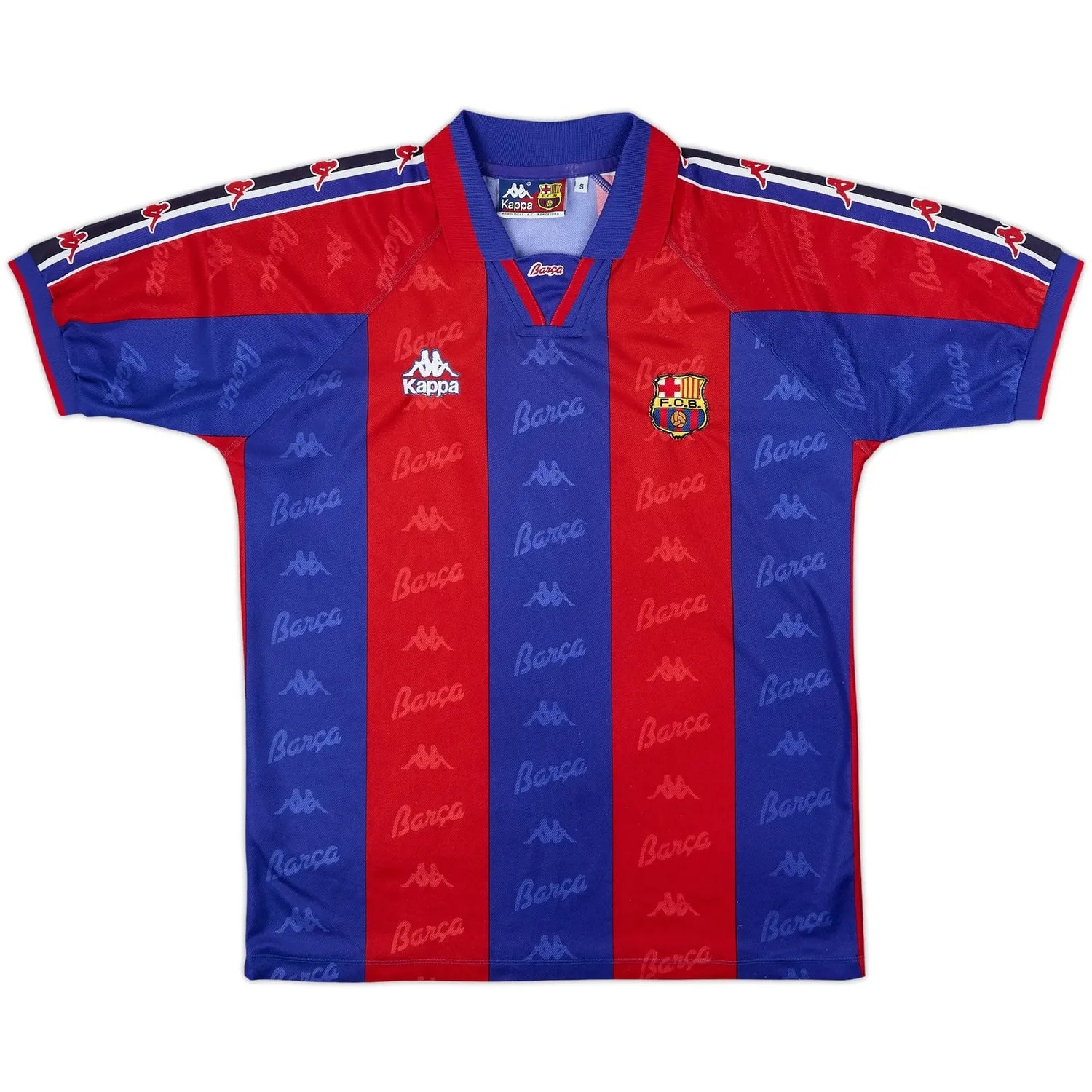 1995-97 barcelona home vintage shirt front view ronaldo 90s sleeve taping