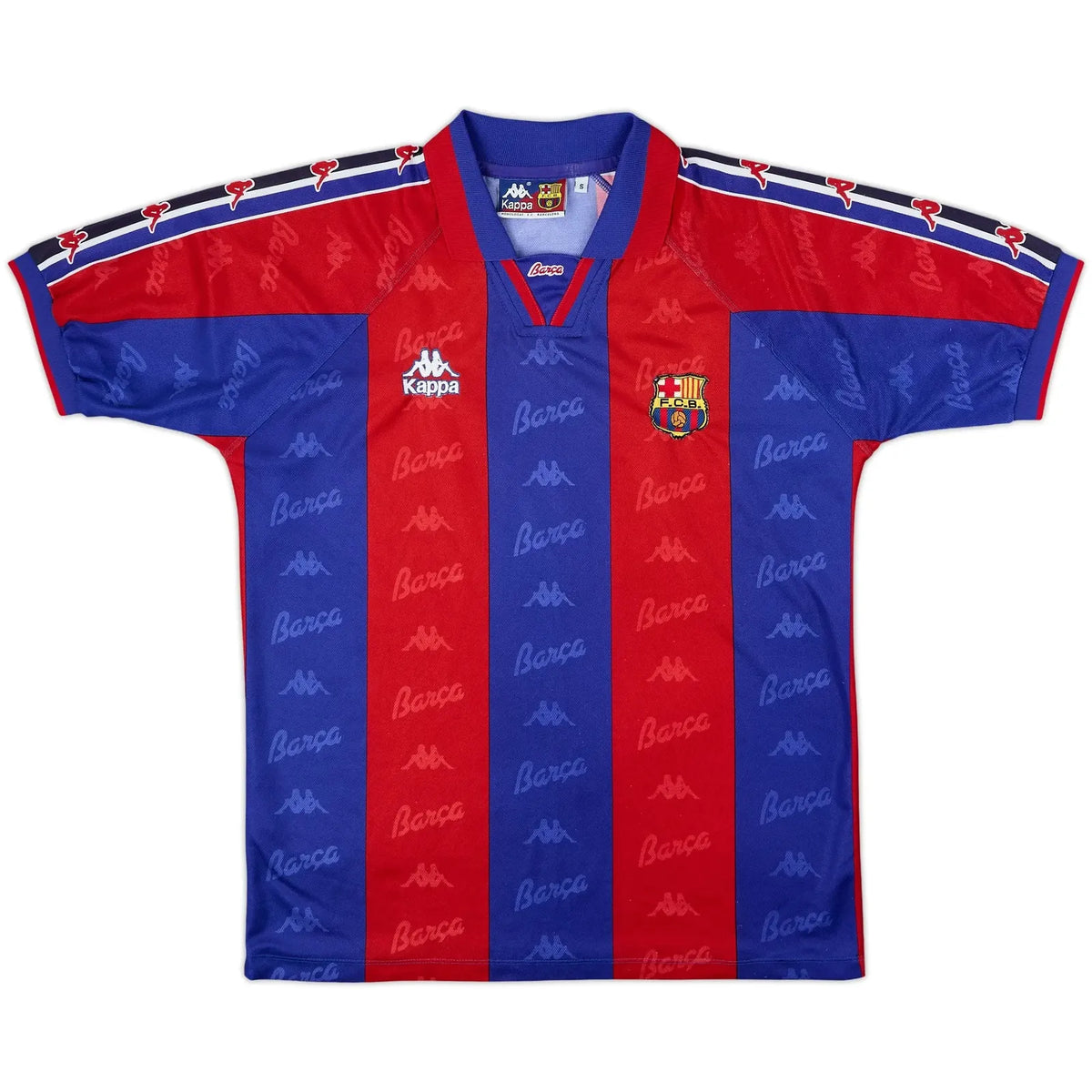 1995-97 barcelona home vintage shirt front view ronaldo 90s sleeve taping