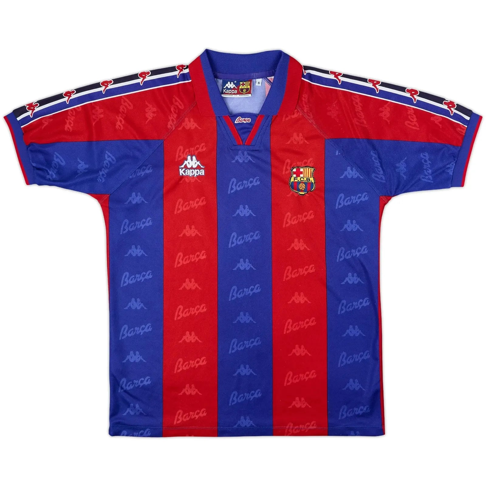 1995-97 barcelona home vintage shirt front view ronaldo 90s sleeve taping