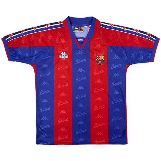 1995-97 barcelona home vintage shirt front view ronaldo 90s sleeve taping