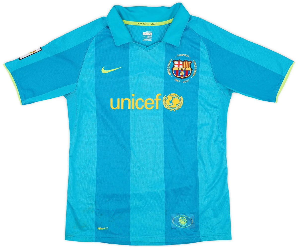 2007-09 barcelona away vintage shirt front view tourmaline blue camp nou anniversary