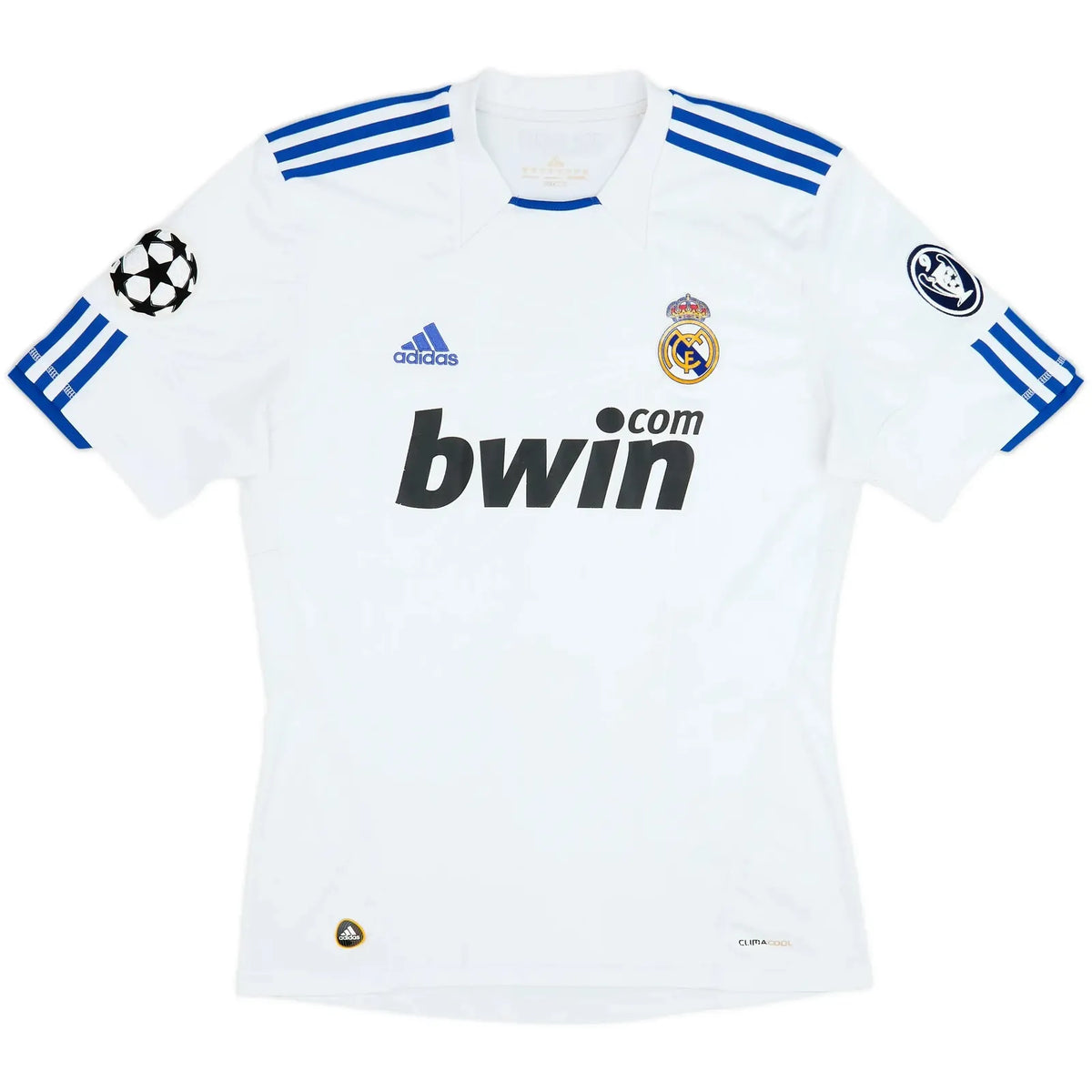 2010 11 real madrid home vintage shirt front view white bwin sponsor sunburst design