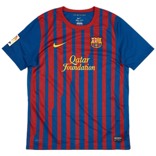 2011-12 barcelona home vintage shirt front view thin stripes qatar foundation
