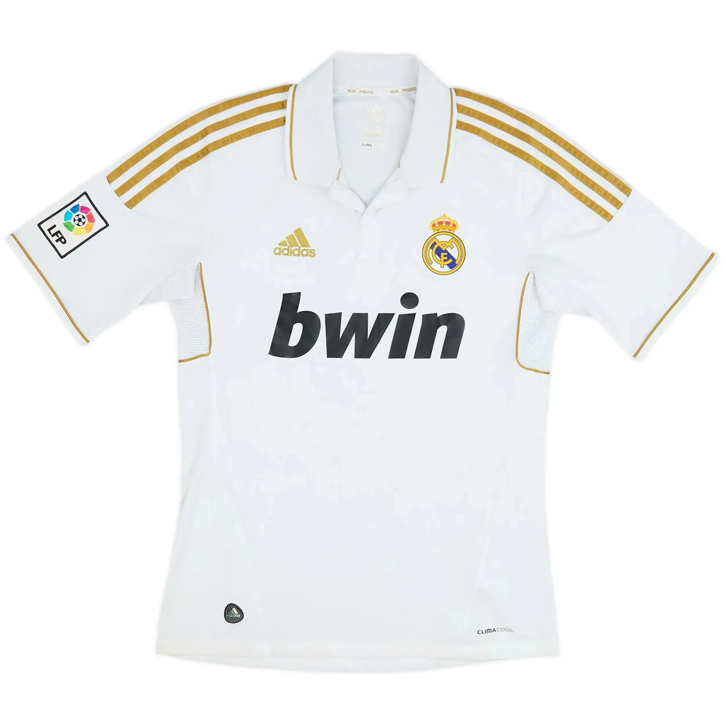 2011 12 real madrid home vintage shirt front view white gold bwin sponsor polo collar