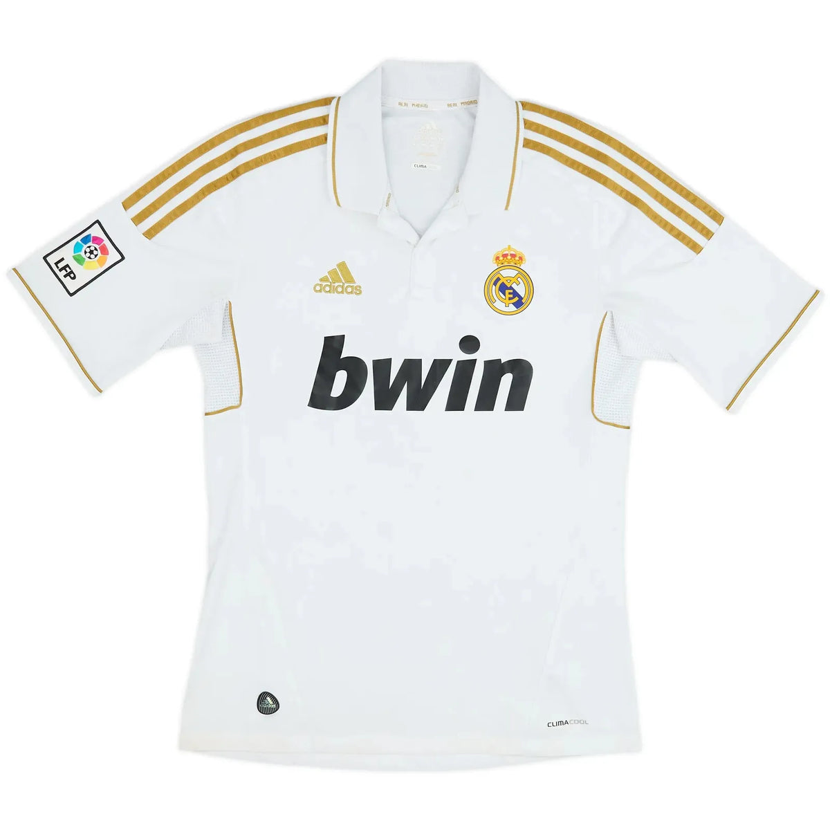 2011 12 real madrid home vintage shirt front view white gold bwin sponsor polo collar