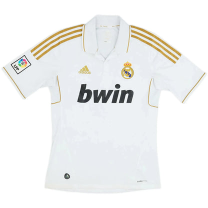 2011 12 real madrid home vintage shirt front view white gold bwin sponsor polo collar