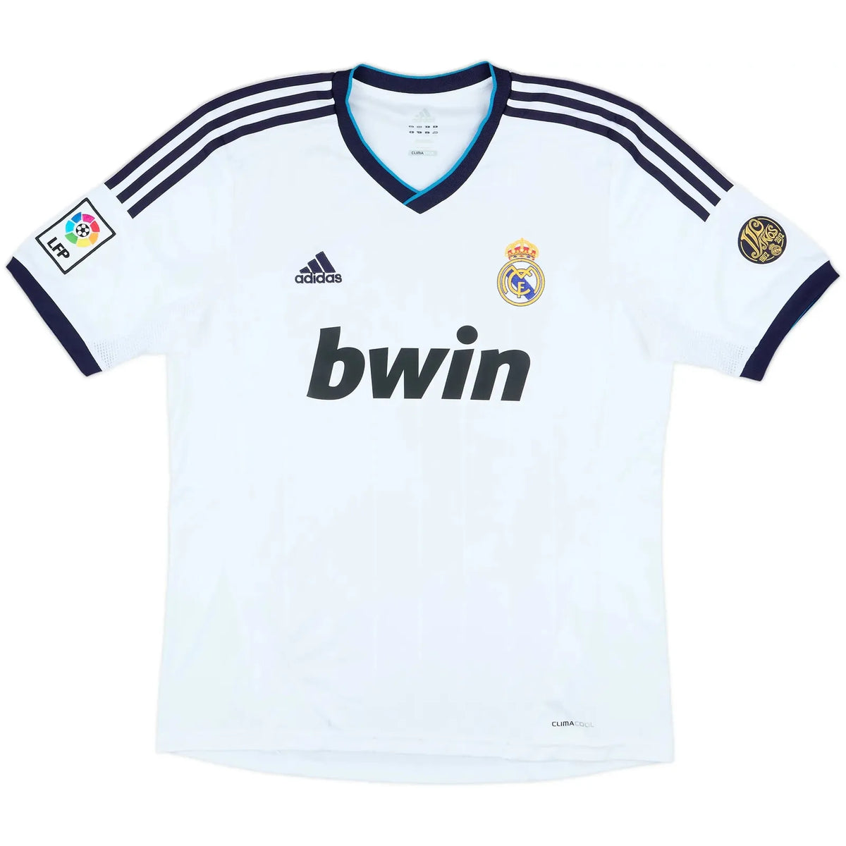 2012 13 real madrid home vintage shirt front view white navy turquoise bwin sponsor 110th anniversary