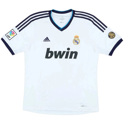 2012 13 real madrid home vintage shirt front view white navy turquoise bwin sponsor 110th anniversary