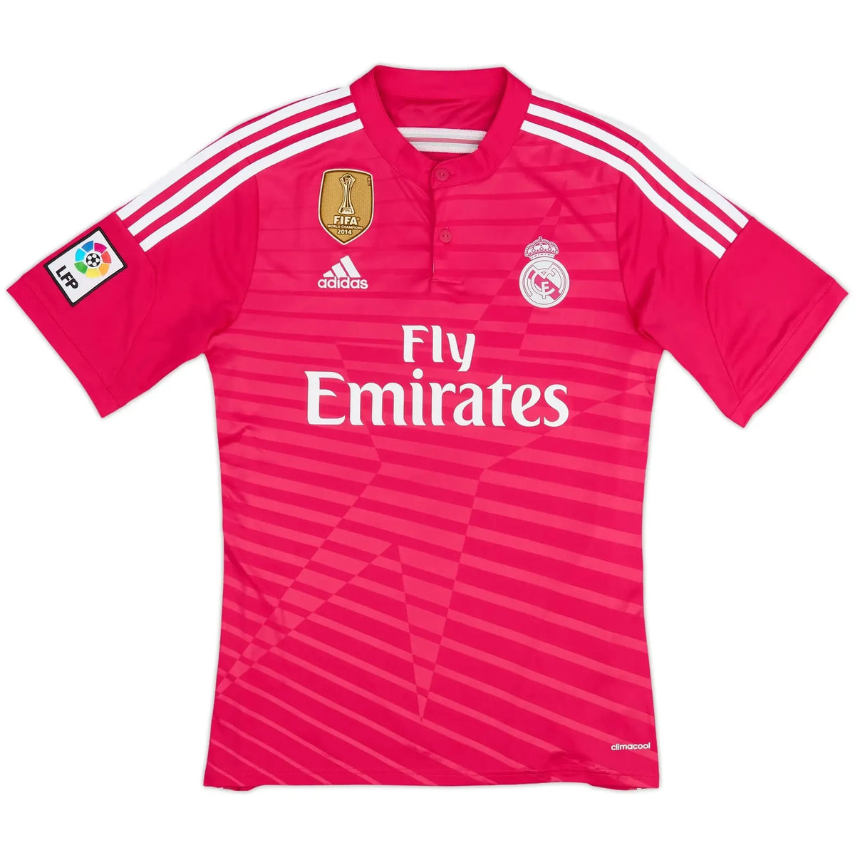 2014 15 real madrid away vintage shirt front view pink fuchsia fly emirates monochromatic crest