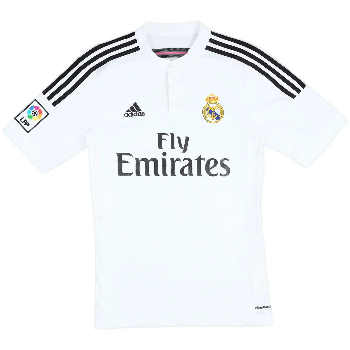 2014 15 real madrid home vintage shirt front view white pink accents fly emirates henley collar