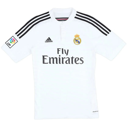 2014 15 real madrid home vintage shirt front view white pink accents fly emirates henley collar