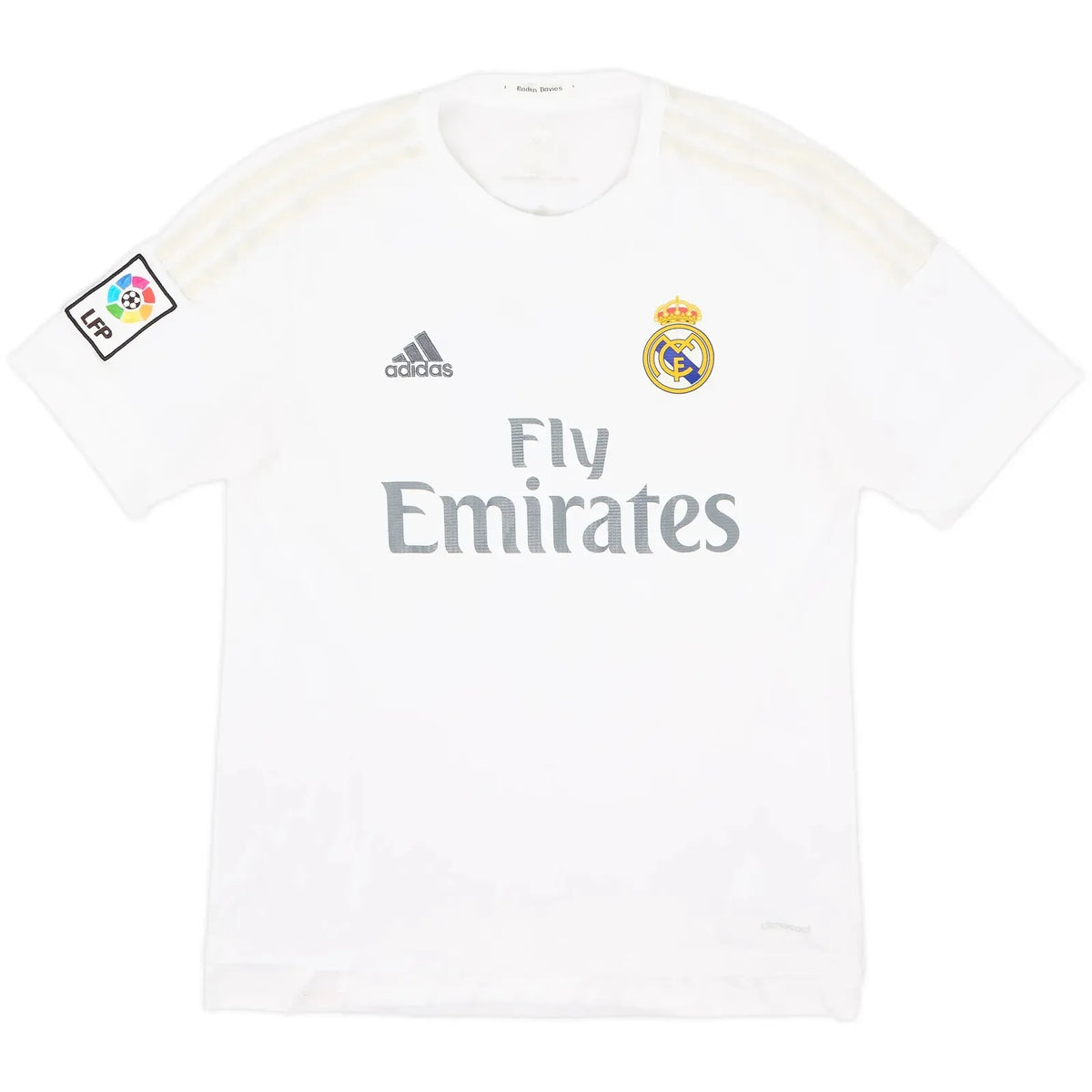 2015 16 real madrid home vintage shirt front view white silver accents fly emirates
