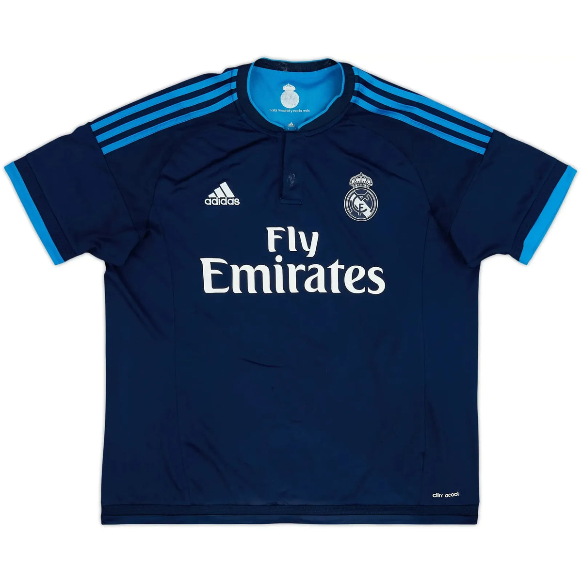 2015 16 real madrid third vintage shirt front view dark indigo electric blue accents fly emirates monochromatic crest