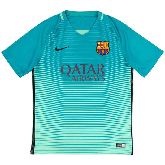 2016-17 barcelona third vintage shirt front view energy green gradient qatar airways