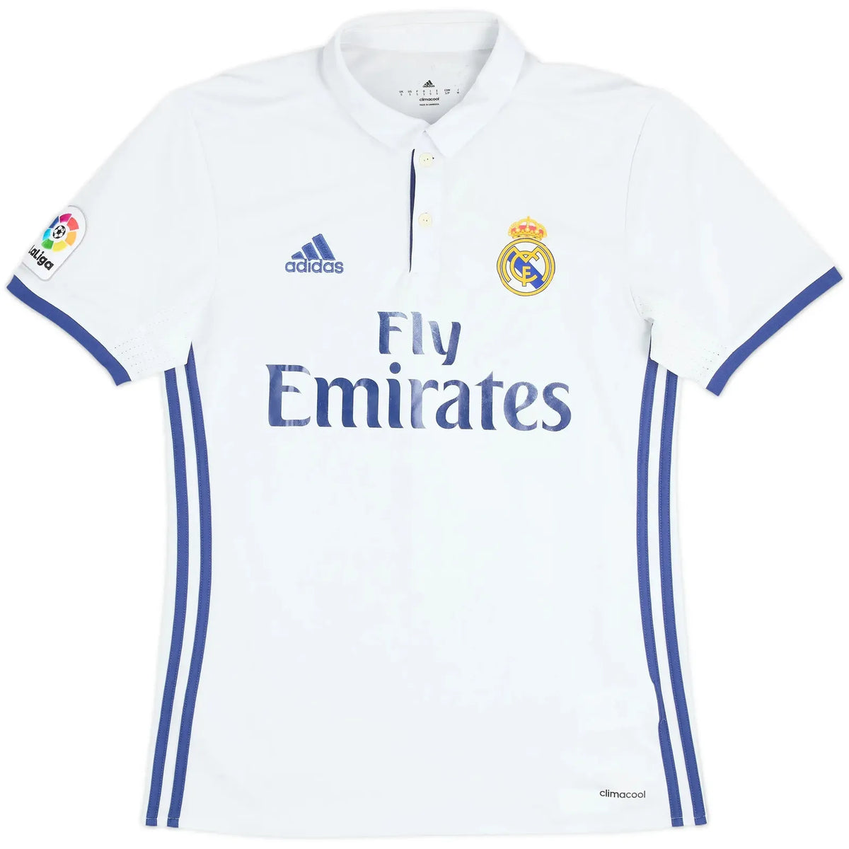 2016 17 real madrid home vintage shirt front view white purple stripes fly emirates polo collar