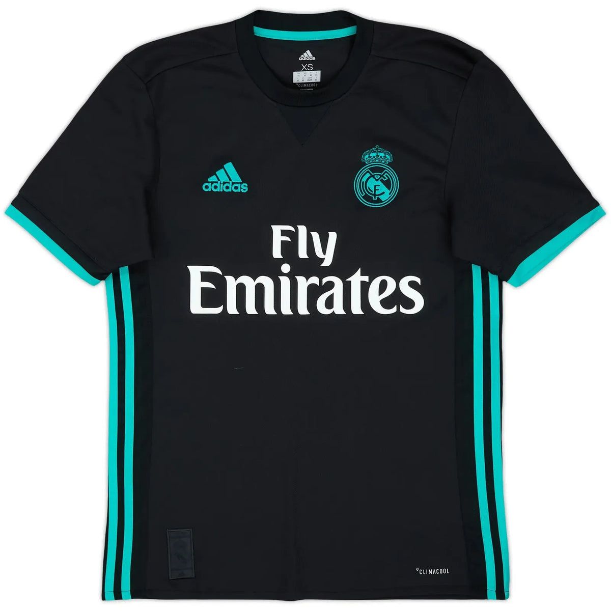 2017 18 real madrid away vintage shirt front view black aero reef teal fly emirates monochromatic crest