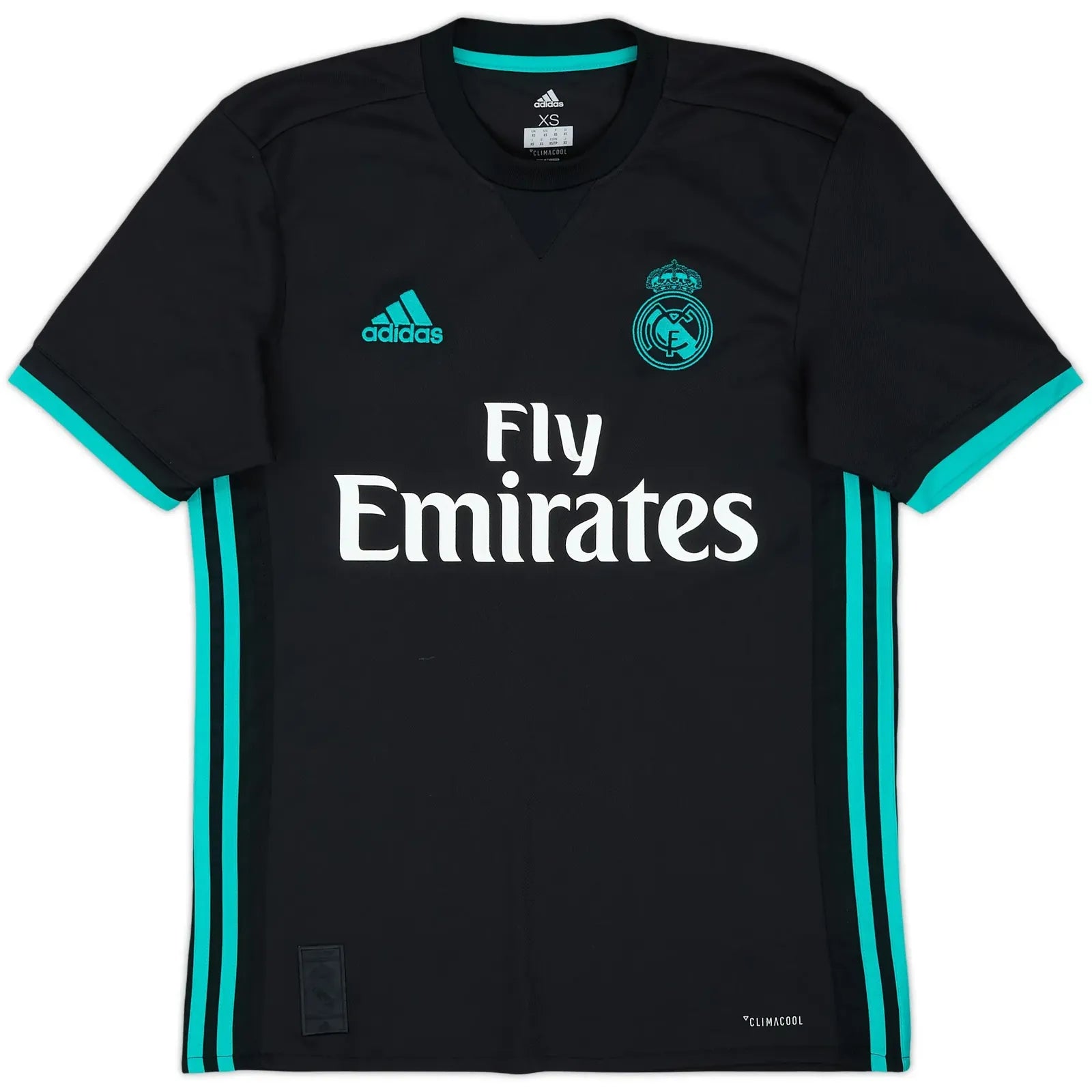 2017 18 real madrid away vintage shirt front view black aero reef teal fly emirates monochromatic crest