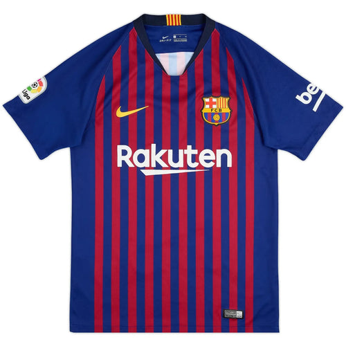 2018-19 barcelona home vintage shirt front view 10 vertical stripes messi 10