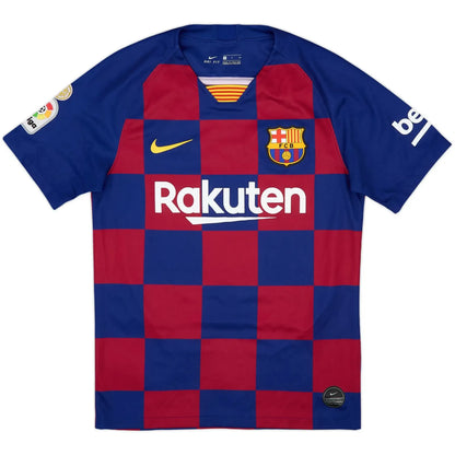 2019-20 barcelona home vintage shirt front view revolutionary checkerboard design messi 10