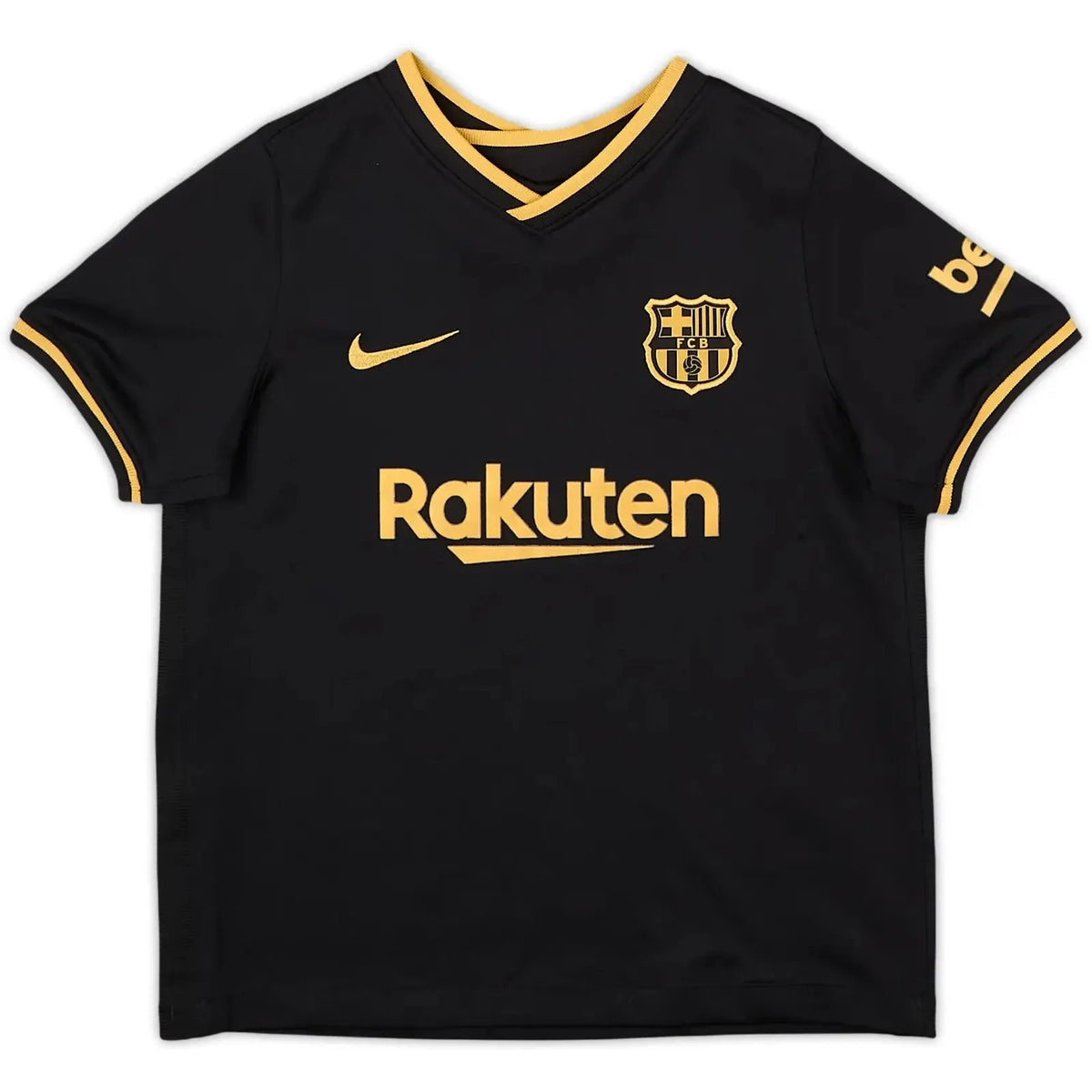 2020-21 barcelona away vintage shirt front view sleek black and metallic gold design