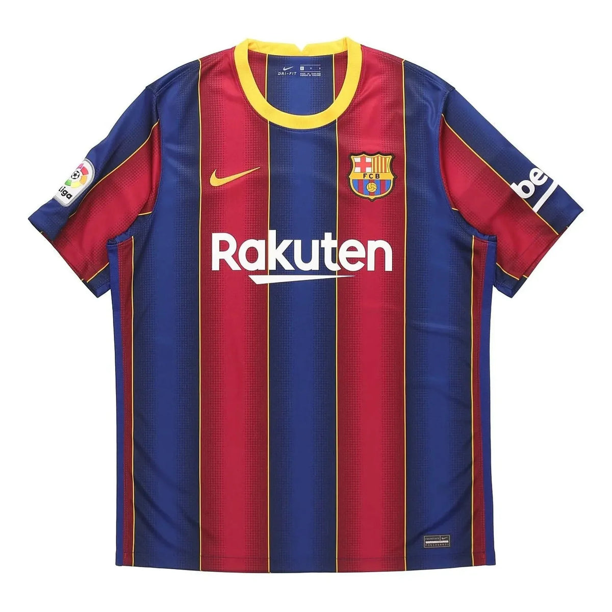 2020-21 barcelona home retro kit front view with classic red and blue stripes and yellow collar