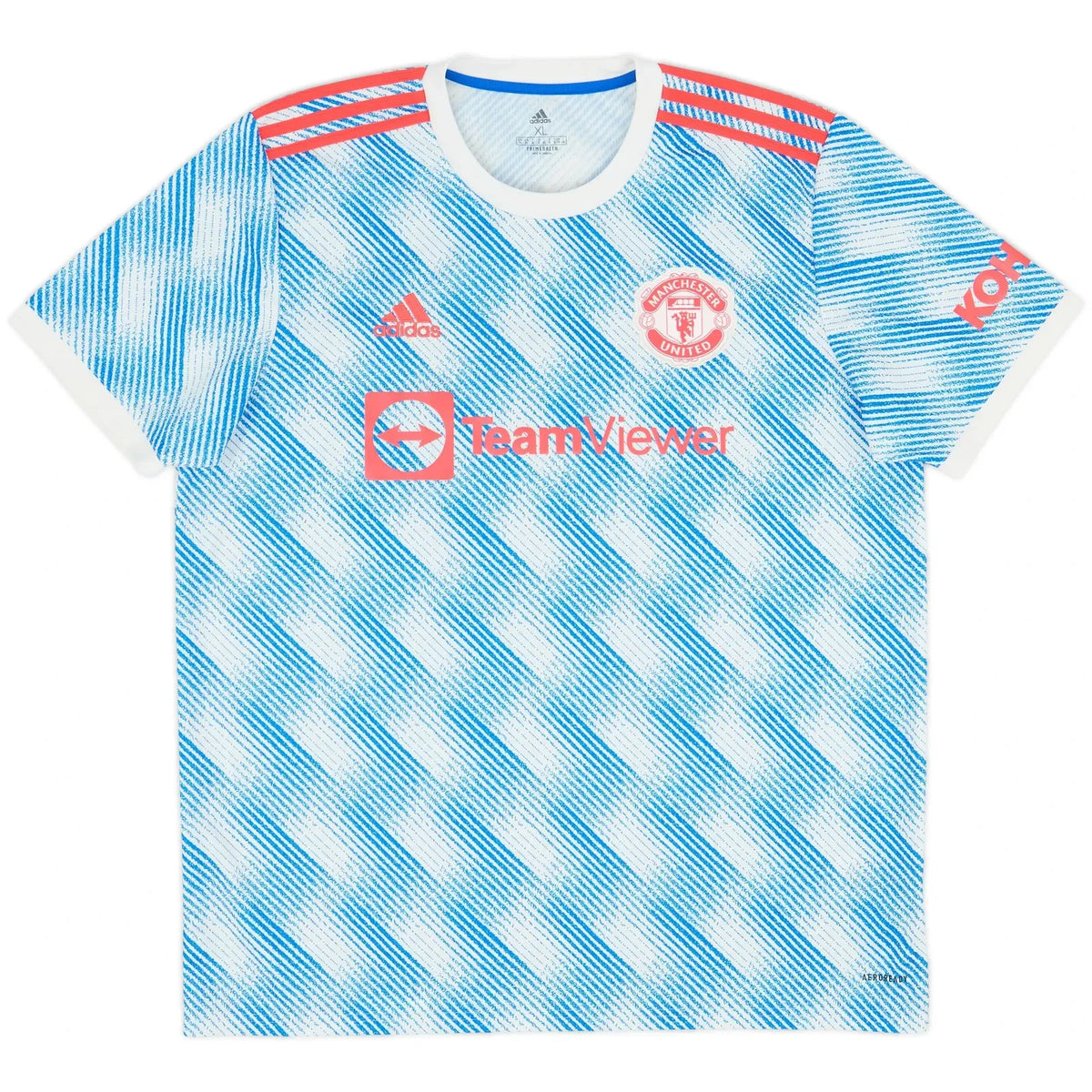 2021 22 manchester united away vintage shirt front view blue white retro geometric pattern teamviewer