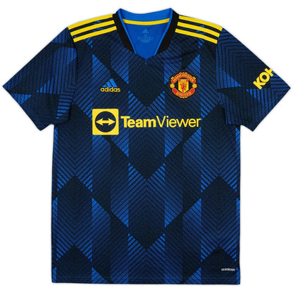 2021 22 manchester united third vintage shirt front view glory blue core yellow accents teamviewer retro pattern