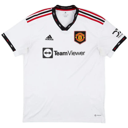 2022 23 manchester united away vintage shirt front view white retro shield crest black red collar teamviewer