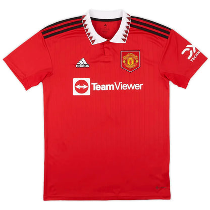 2022 23 manchester united home vintage shirt front view red retro polo collar shield crest teamviewer