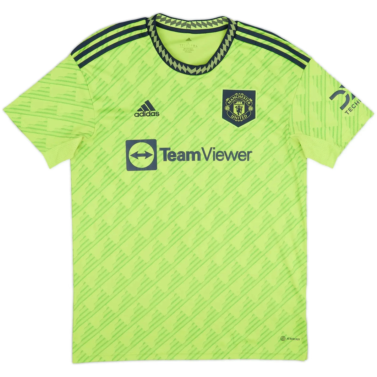 2022 23 manchester united third vintage shirt front view solar slime neon green geometric pattern black crest teamviewer