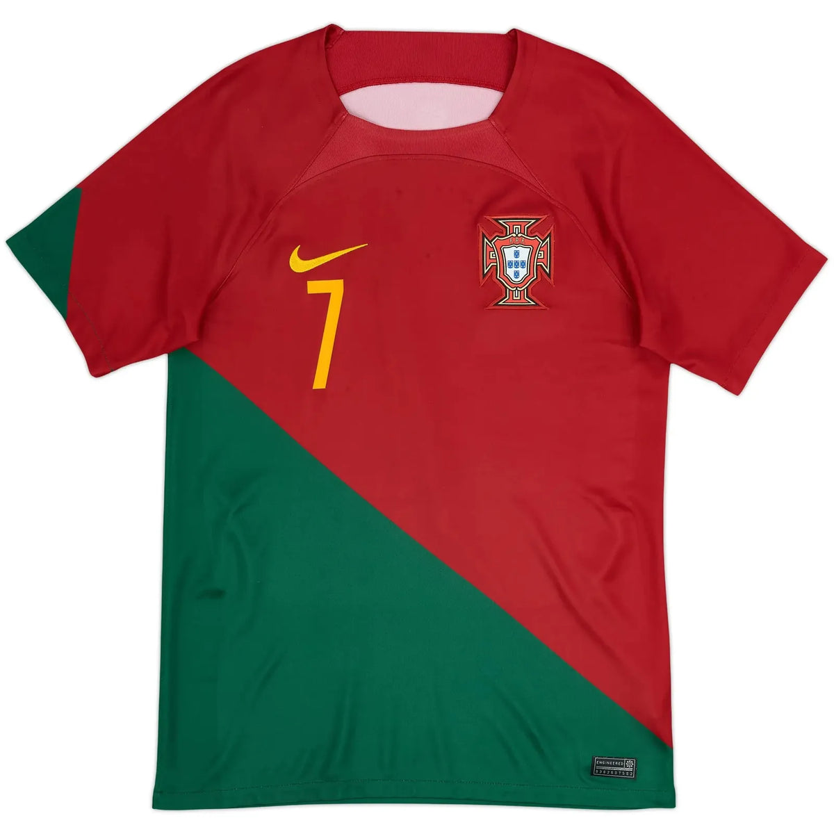 2022 23 portugal home vintage shirt front view diagonal red green half split flag design number 7 on chest