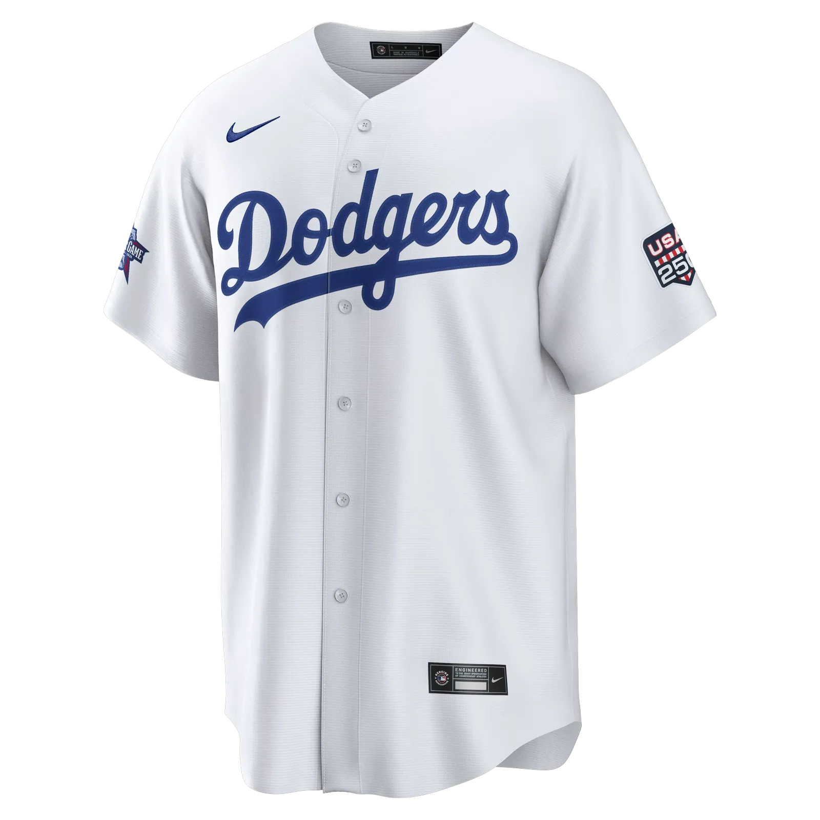 2026 all star game los angeles dodgers white replica jersey front view blue script sleeve patches