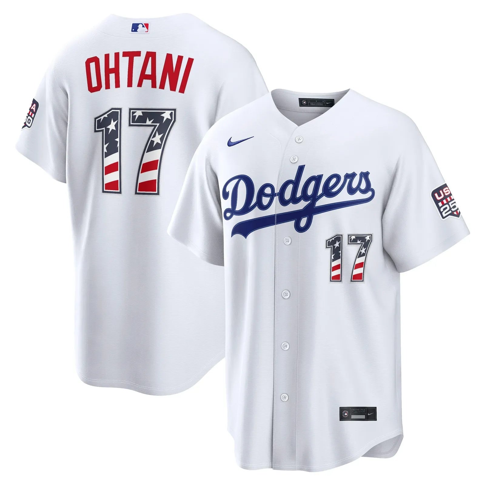 fourth of july los angeles dodgers shohei ohtani white usa 250 stadium jersey front and back display