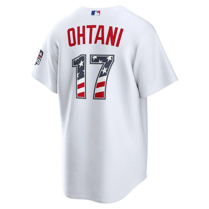 fourth of july los angeles dodgers white usa 250 stadium jersey back view ohtani 17 print