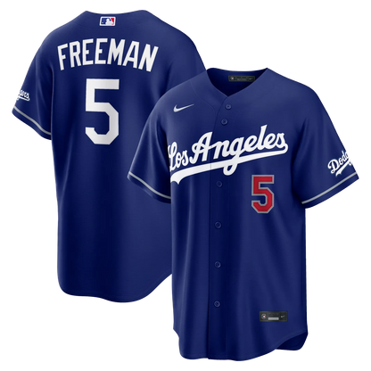 freddie freeman los angeles dodgers alternate royal blue stadium jersey front and back display