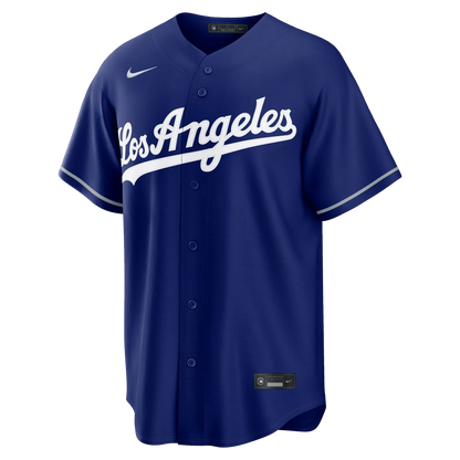 los angeles dodgers alternate royal blue replica custom jersey front view los angeles script