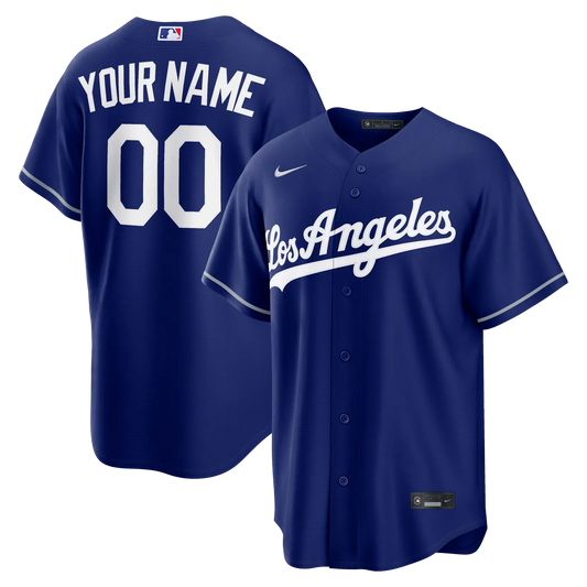 los angeles dodgers alternate royal blue replica custom jersey front and back display